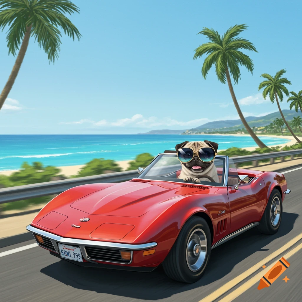 A pug wearing sunglasses drives a red convertible Corvette along a sunny coastal road with palm trees and a beach.