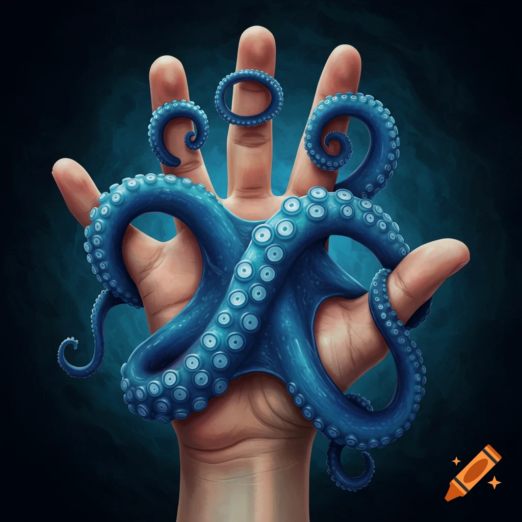 A hand with blue octopus tentacles replacing the fingers, illustration