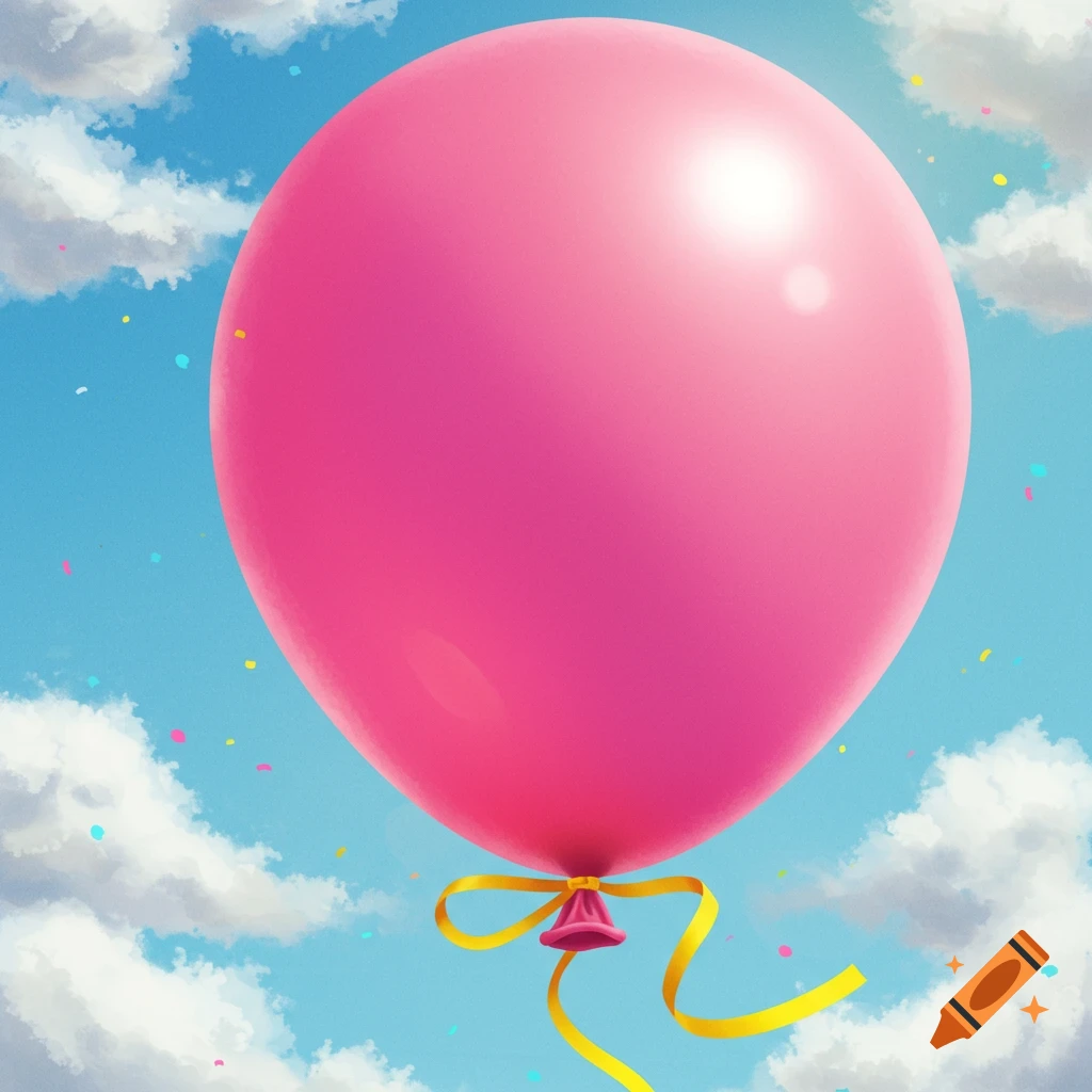 A pink balloon with a yellow ribbon floats in a bright blue sky with white clouds and scattered confetti.