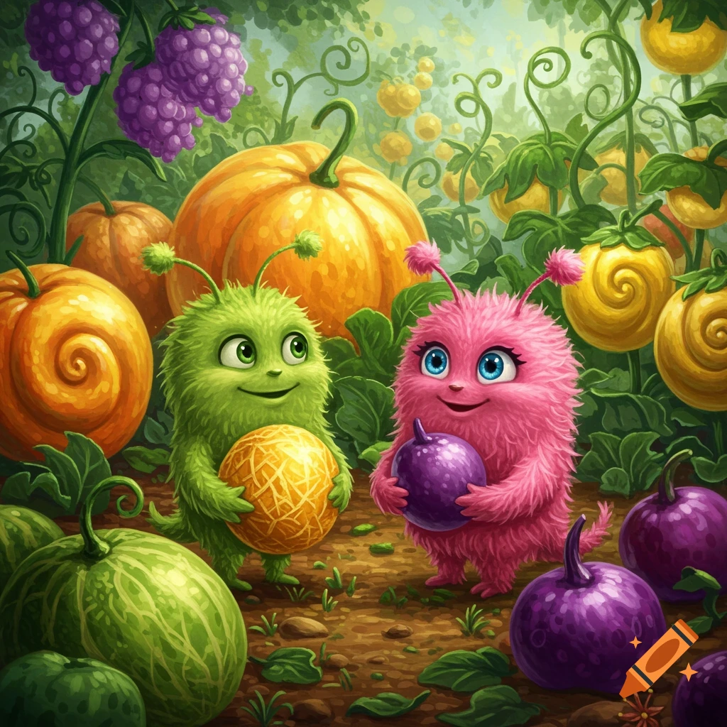 Two fuzzy green and pink fantasy creatures hold fruit in a lush garden children's illustration.