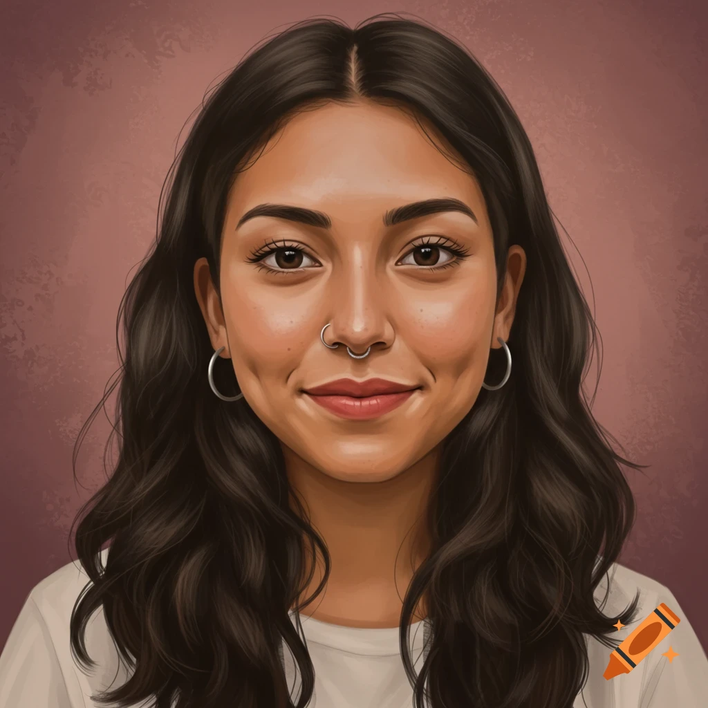 Stylized portrait of a young woman with dark wavy hair, a nose ring, and a smiling face with dimples.