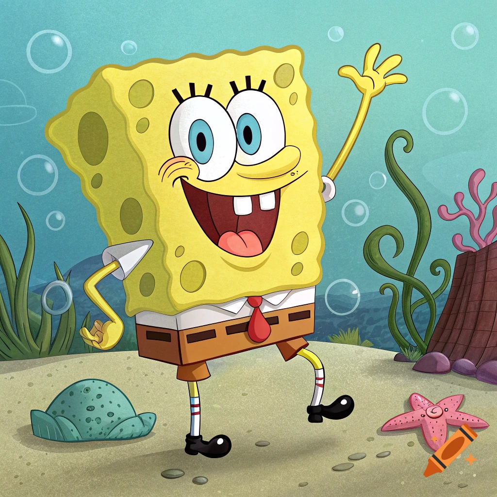 Spongebob Squarepants waves while standing on the ocean floor.