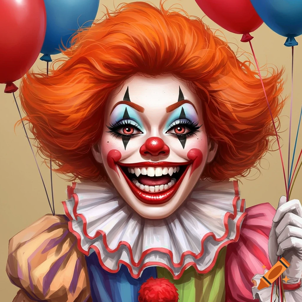 Illustration of a smiling clown holding balloons.