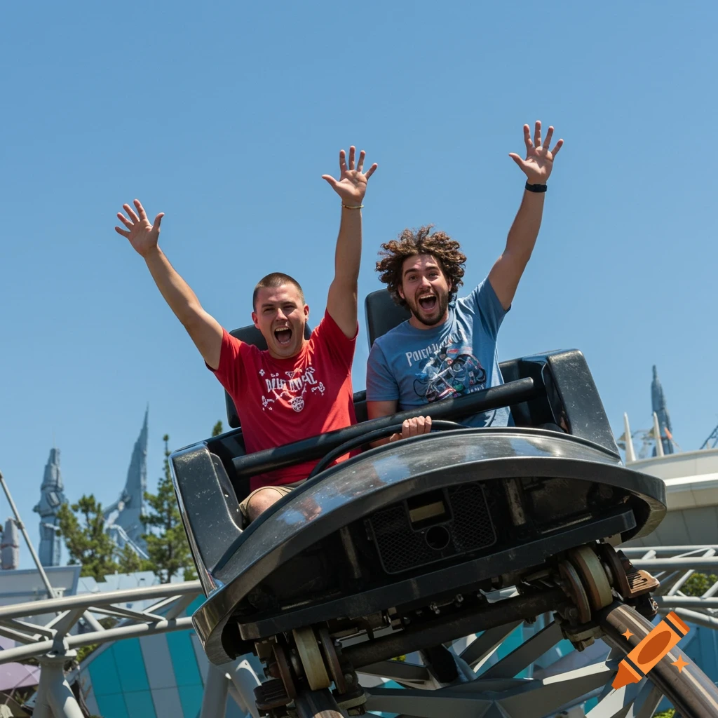 Two excited men ride a rollercoaster with hands in the air at a theme park.