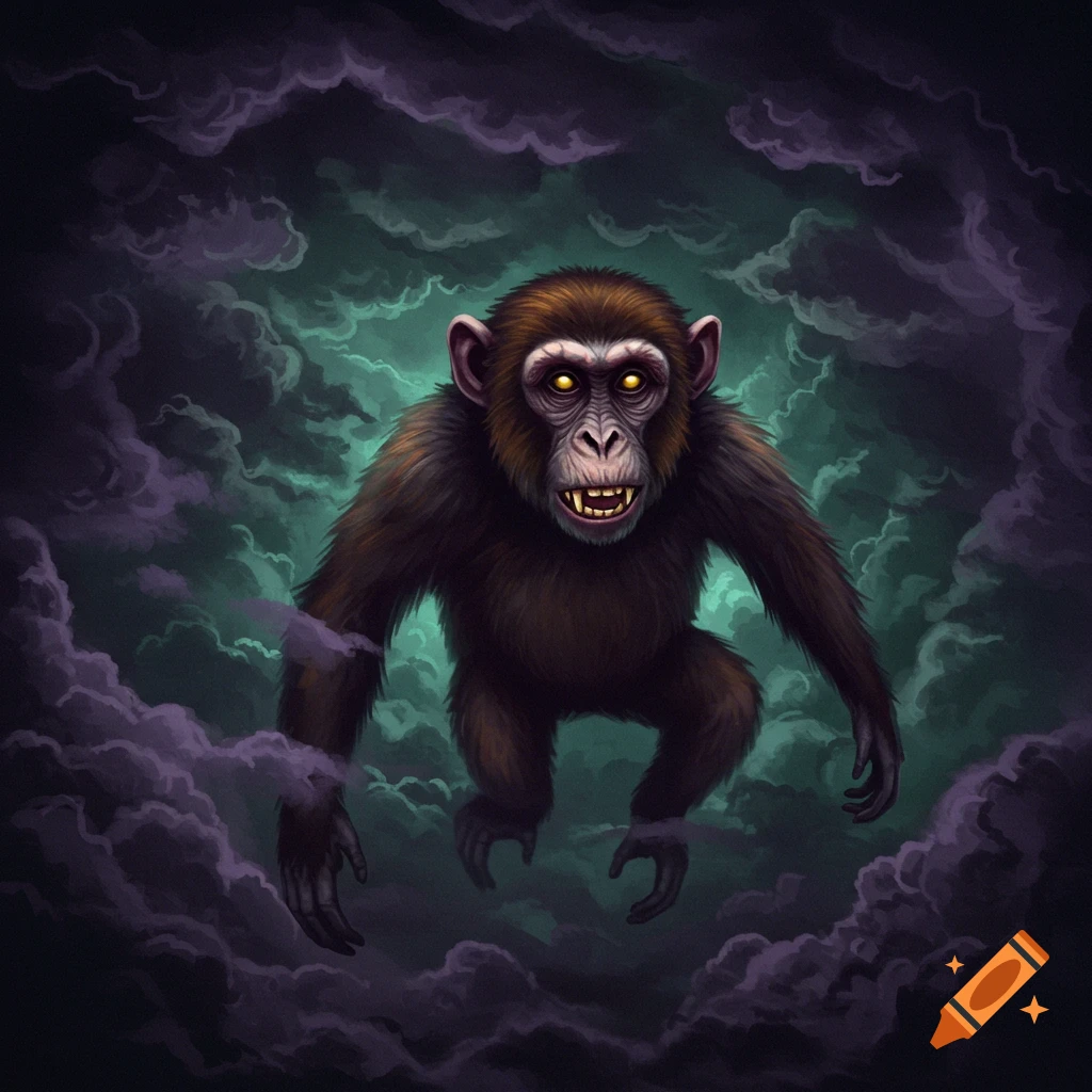 A creepy monkey with glowing eyes and bared teeth floats in dark purple and green clouds. Digital art.
