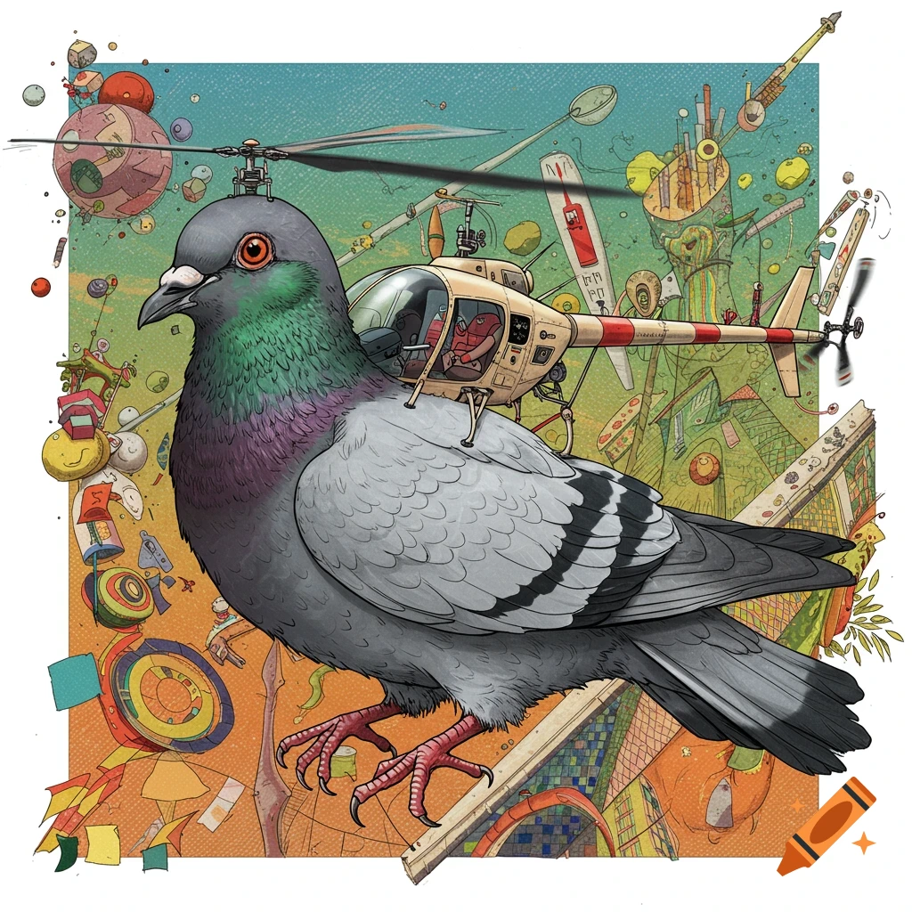 Illustration of a large pigeon with a small helicopter mounted on its back, set against a surreal, busy background.