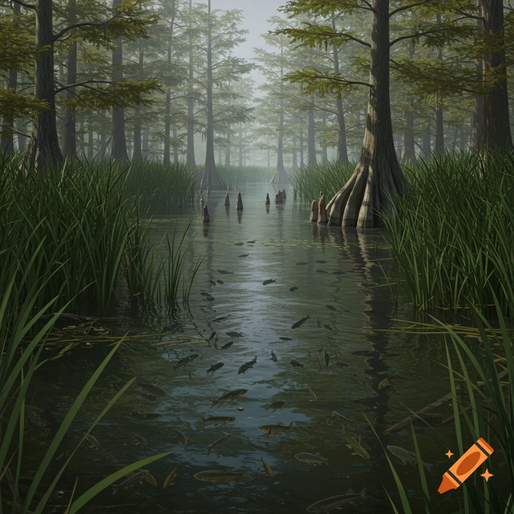 Realistic marsh landscape with cypress trees, murky water, and many small fish swimming.