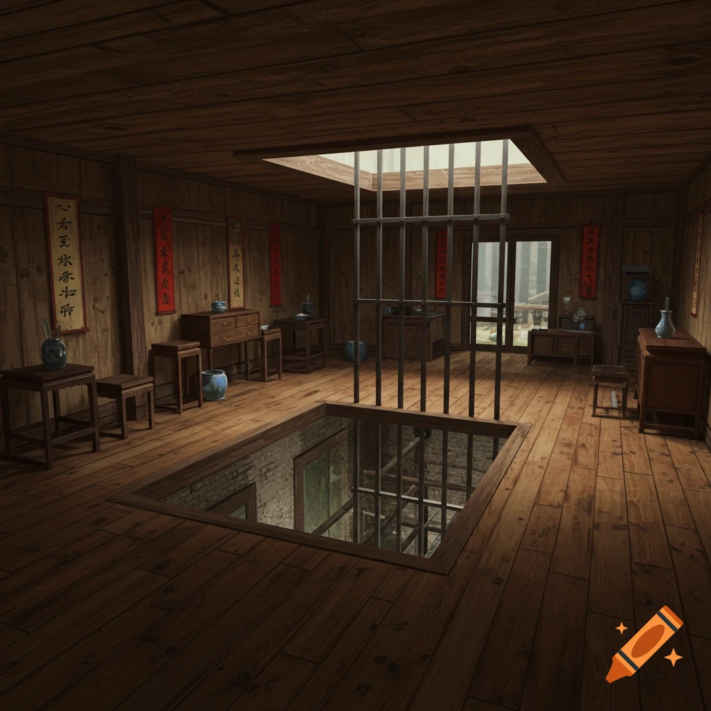 Interior room with wooden floor/walls, Asian furniture, grated pit in floor, and barred skylight.