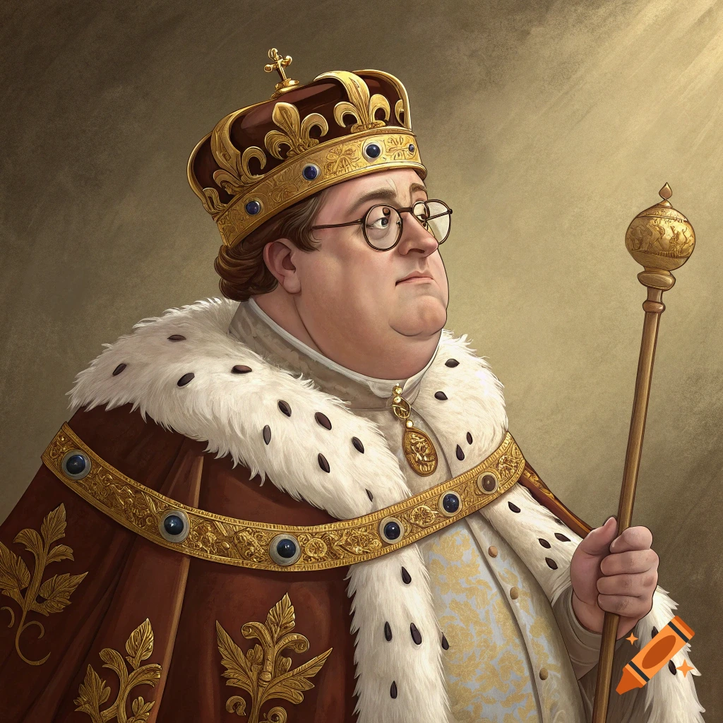 A cartoon character resembling Peter Griffin dressed as an 1800s king, wearing a crown and fur-trimmed robe, holding a scepter. Painted style.
