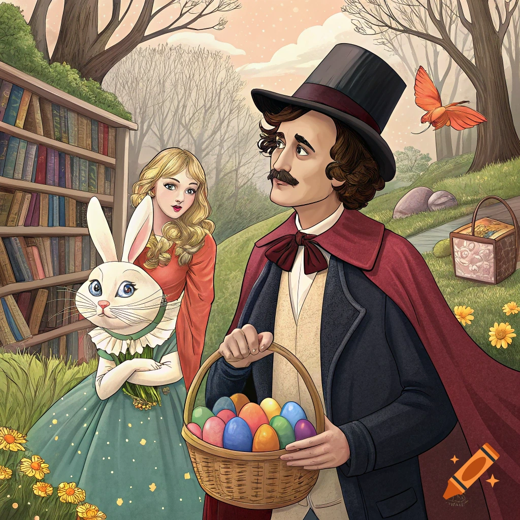 An illustration of a man in a top hat holding an Easter basket, a woman, and a large white rabbit beside a bookshelf in a forest.
