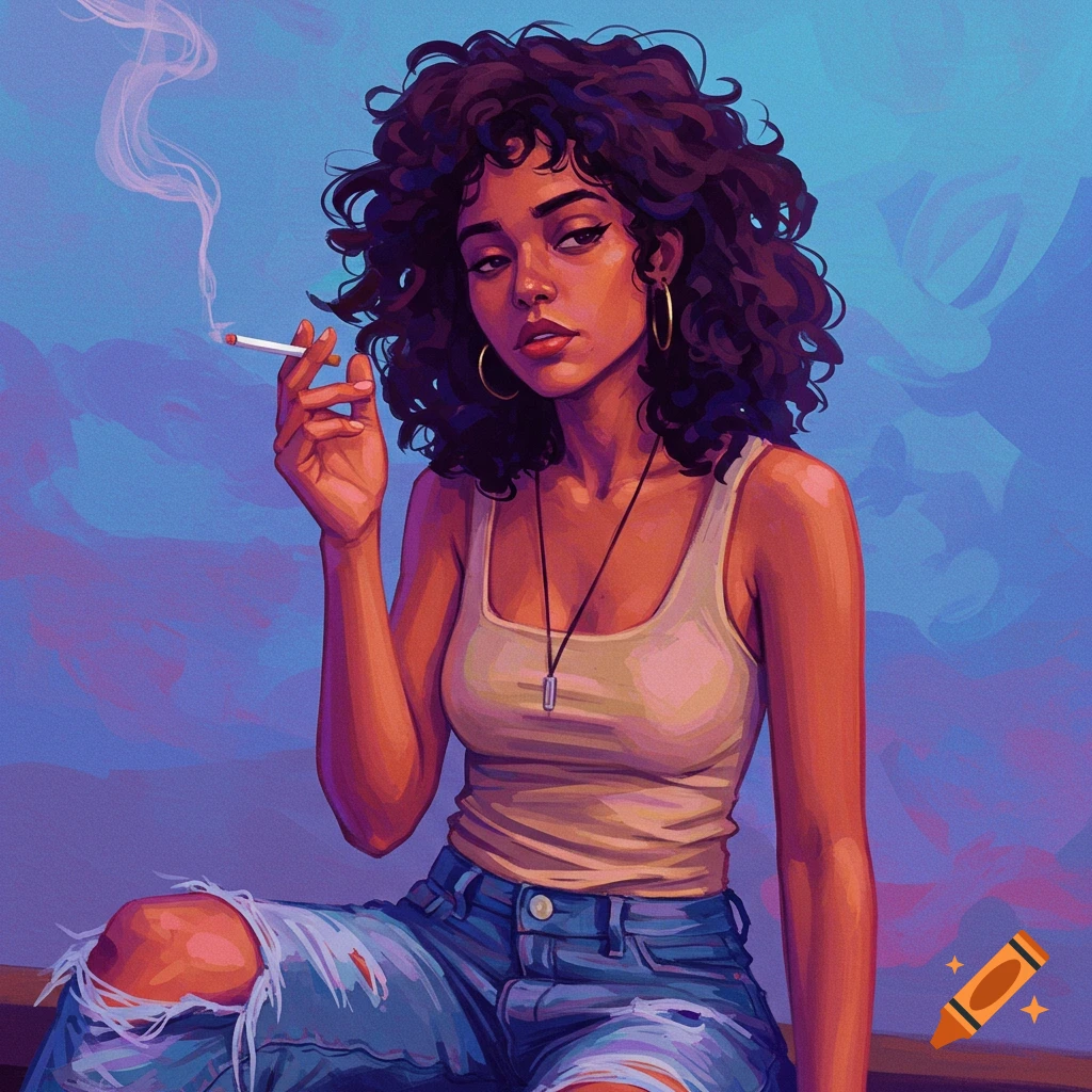 Illustrative portrait of a woman with curly hair smoking a cigarette