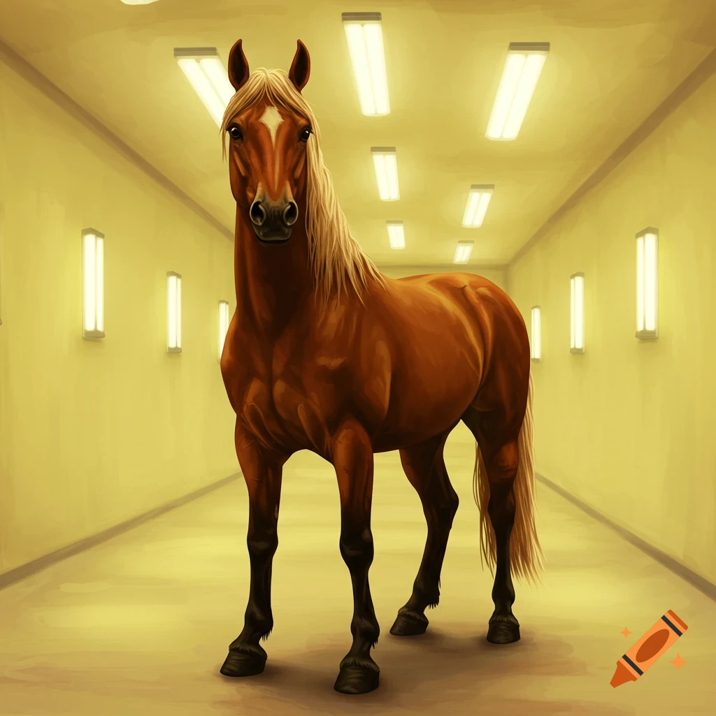 A brown horse stands in a brightly lit, yellow corridor with tube lights.
