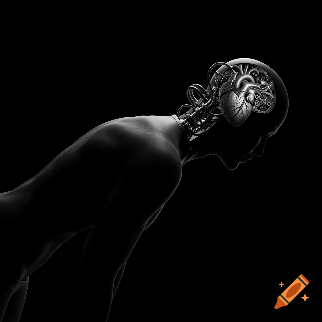 Silhouette of a figure with a mechanical heart for a brain and machinery in the head and neck.