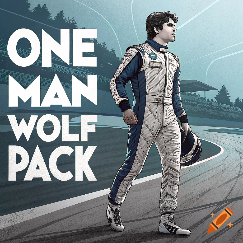 Illustration of a man in a racing suit holding a helmet on a track with 'ONE MAN WOLF PACK' text.