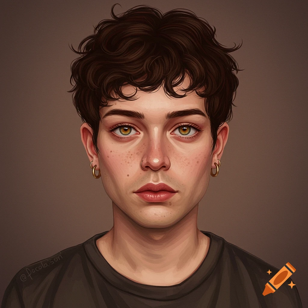 Digital portrait of a nonbinary person with short brown curly hair, freckles, and golden eyes, wearing a dark t-shirt.
