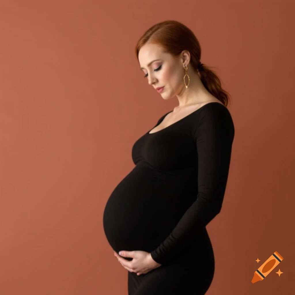 A pregnant woman in a black dress holds her belly and looks down.