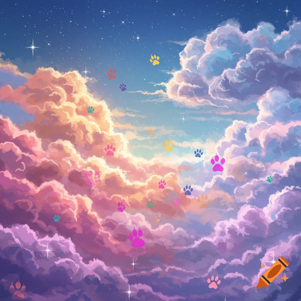 Colorful paw prints and stars float among pink and purple clouds in a fantasy sky.
