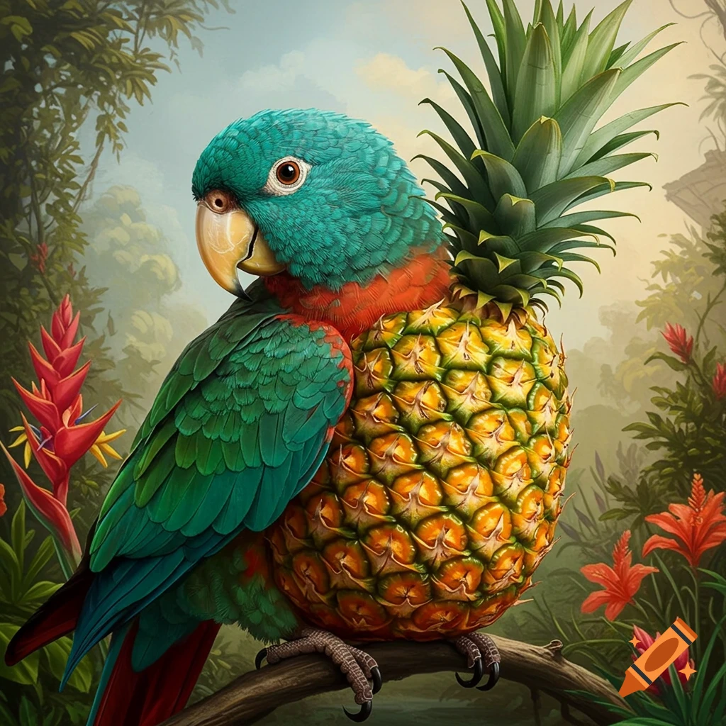 A fantastical creature that is part parrot and part pineapple sits on a branch in a jungle.