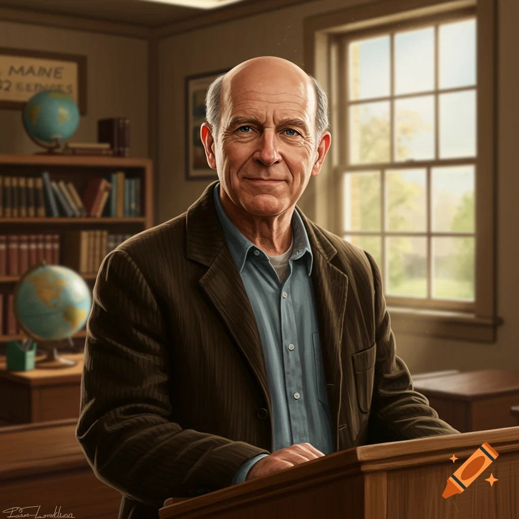 A bald older teacher stands at a podium in a classroom.