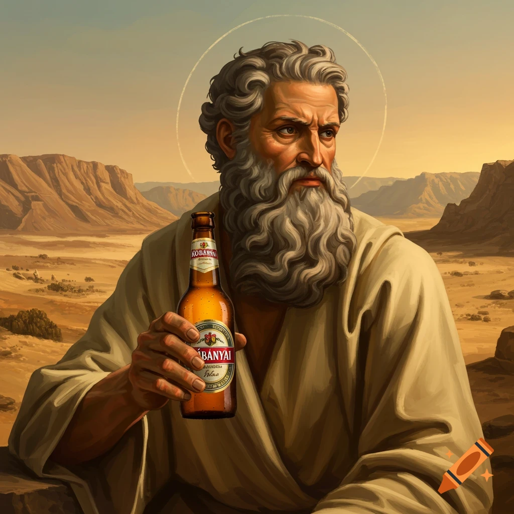 An old man with a beard and halo sits in a desert holding a beer bottle.