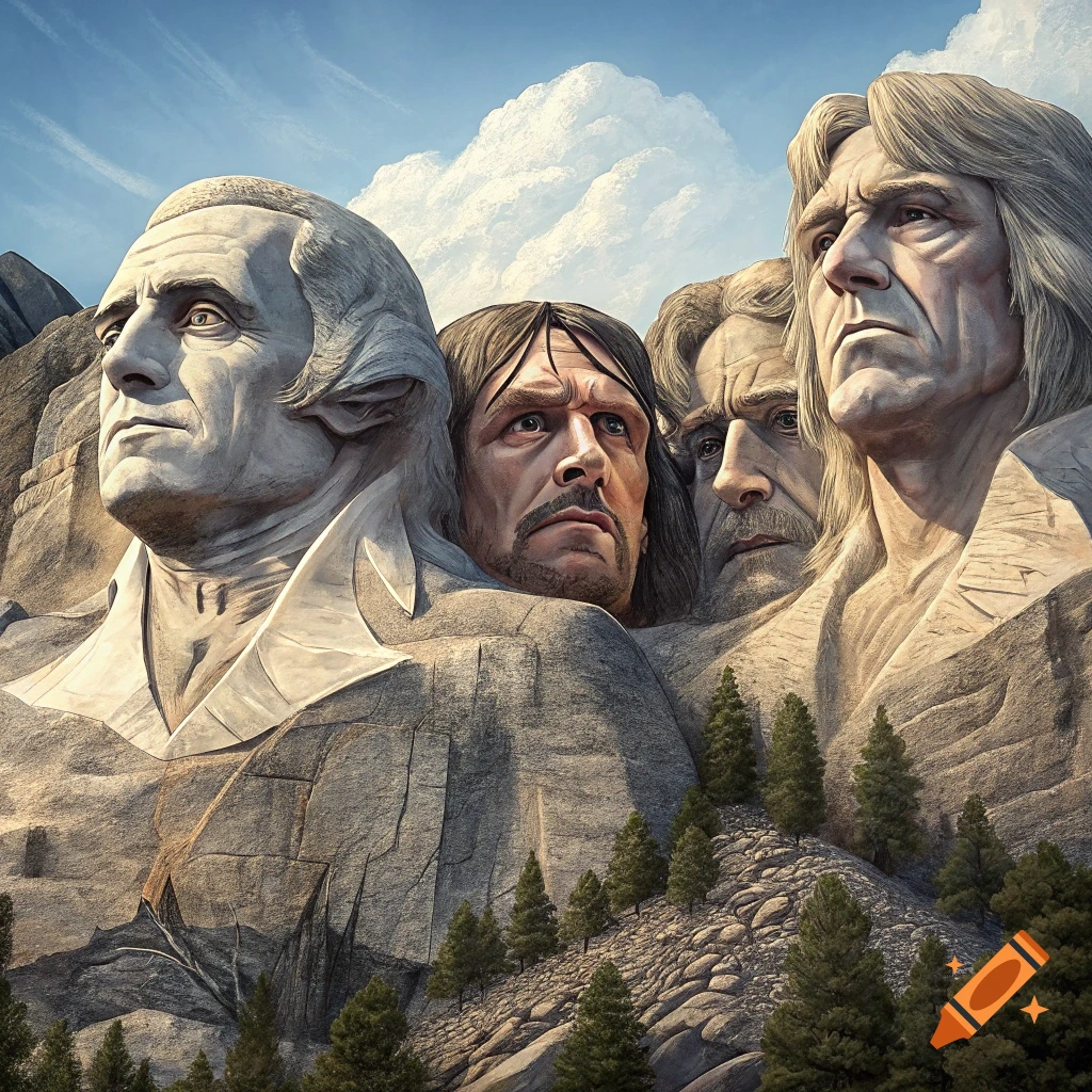 Mount Rushmore with carved faces of wrestlers Ric Flair, Hulk Hogan, Sting, and Undertaker.