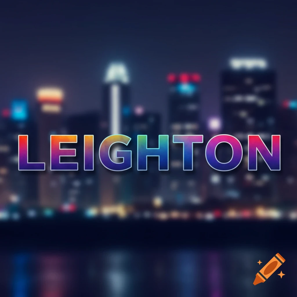 The name LEIGHTON in rainbow colors over a blurry night city skyline.