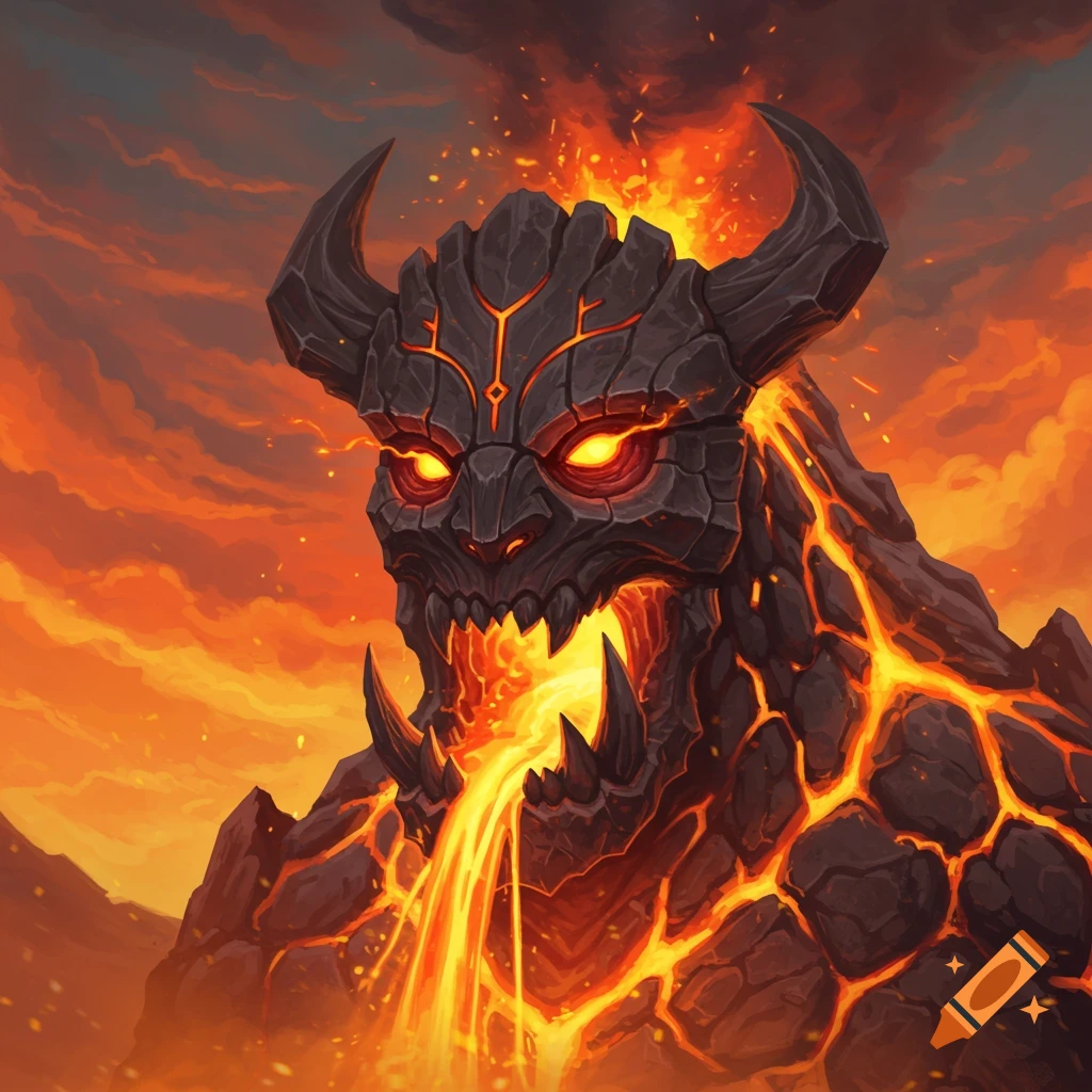 A fearsome volcano monster with glowing eyes and cracks emitting lava, against a fiery orange sky.