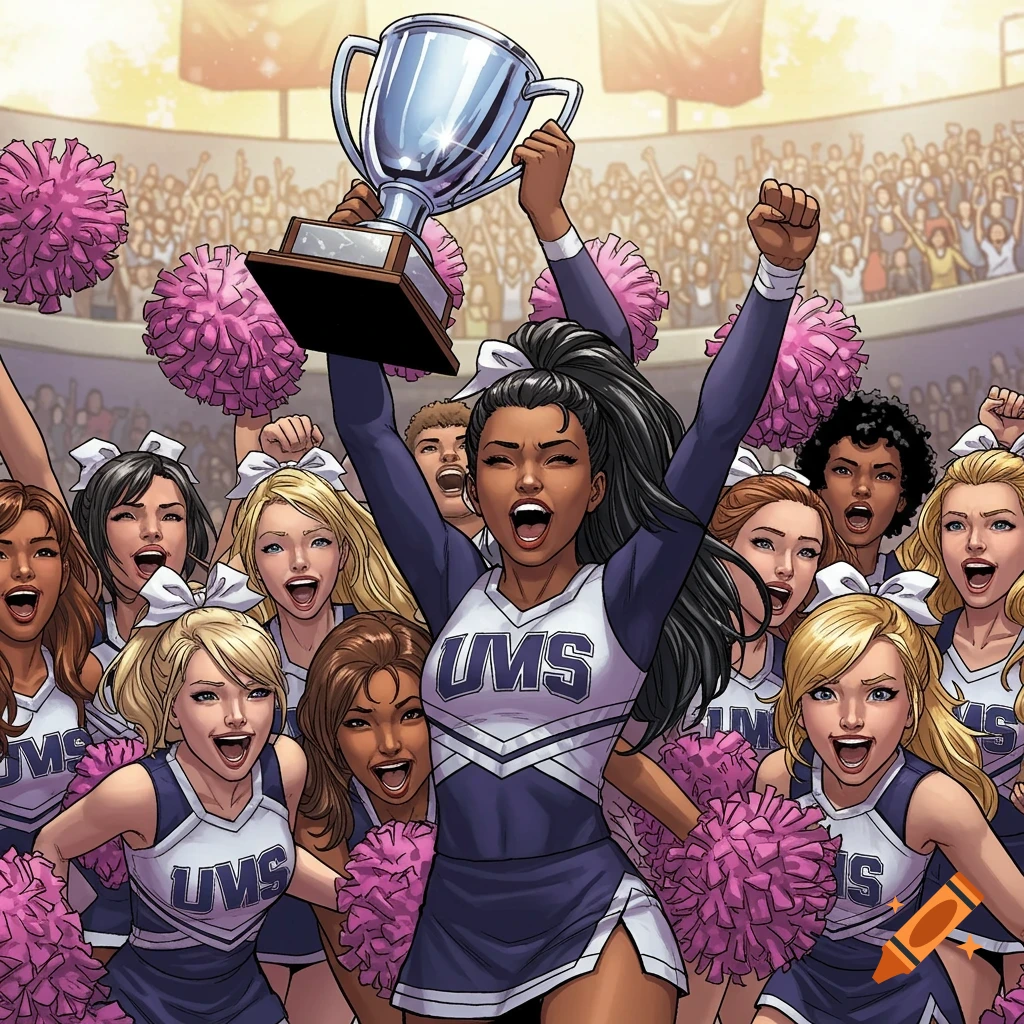 Illustration of cheerleaders celebrating a win in a stadium, with one holding a trophy.