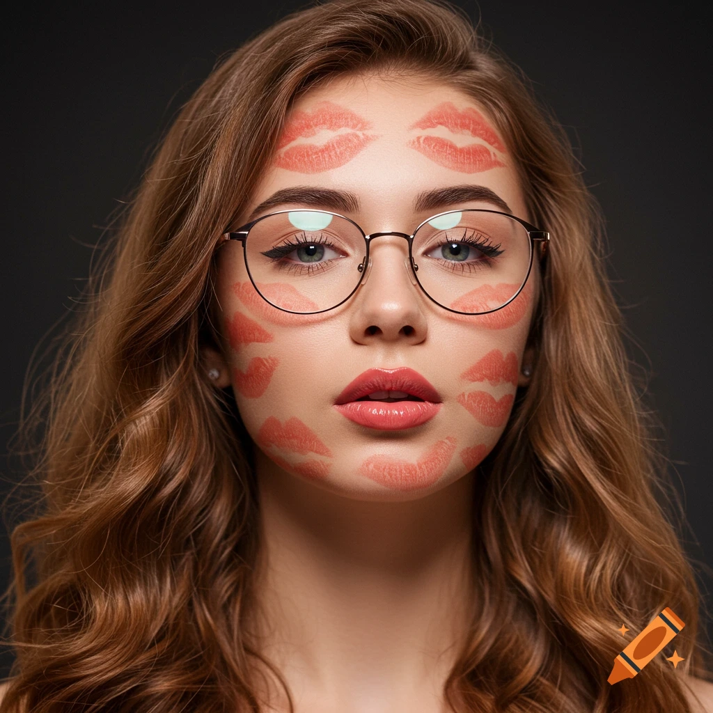 A woman wearing glasses has red lipstick kiss marks covering her face.
