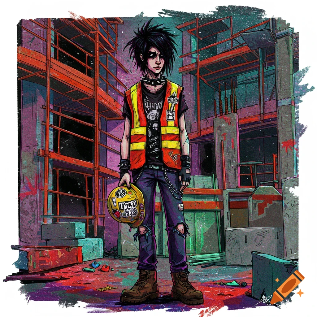 Emo person in a construction vest holding a hardhat at a construction site, illustration.