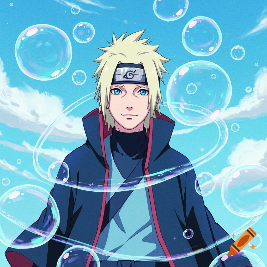 Anime illustration of a character with blonde hair and blue eyes standing among bubbles against a blue sky.