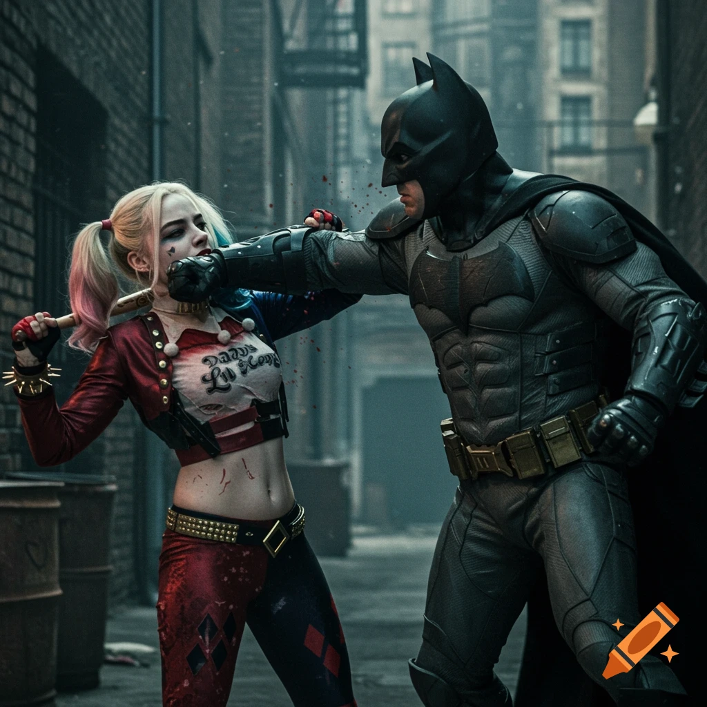 Batman punches Harley Quinn in a gritty alley, blood splatters from her mouth. Photorealistic style.