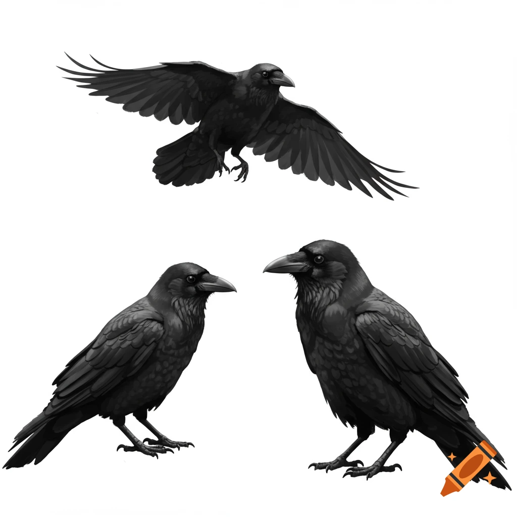 Greyscale illustration of three crows, one flying, two standing.