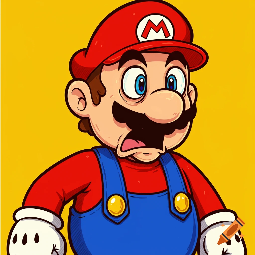 Cartoon illustration of Mario with a surprised expression against a yellow background.