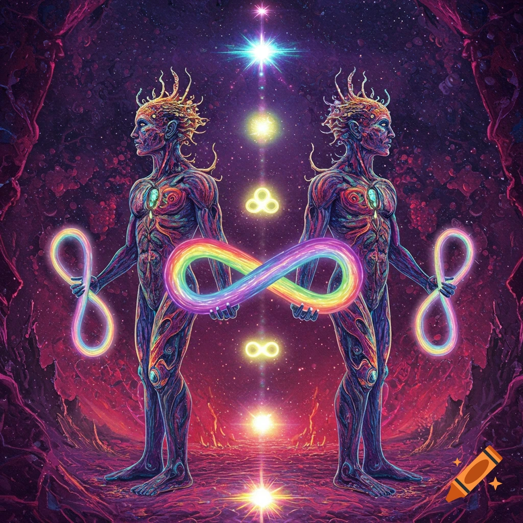 Two vibrant, stylized figures in a cave-like setting hold glowing rainbow infinity symbols, with cosmic lights around them. Psychedelic style.