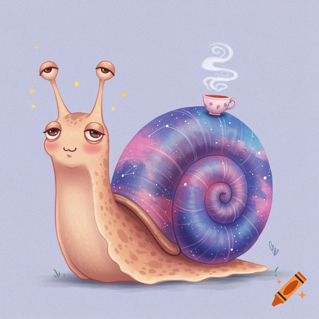 A cute, sleepy cartoon snail with a galaxy-patterned shell sits with a teacup perched on top.
