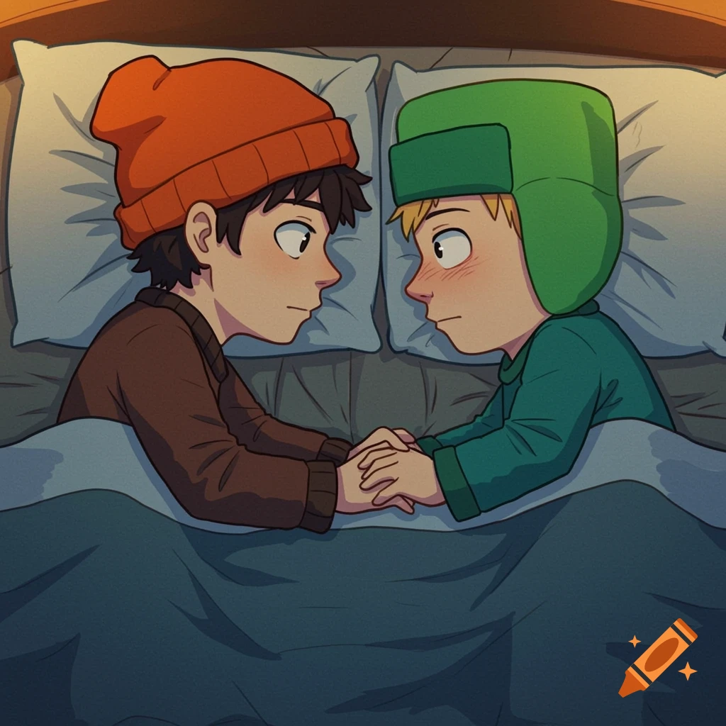 Teenage anime figures resembling Kyle and Cartman laying in bed, holding hands