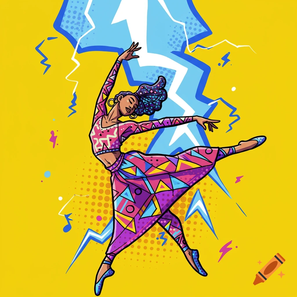 Clip art illustration of a dancer in a colorful geometric outfit leaping in front of a lightning bolt.