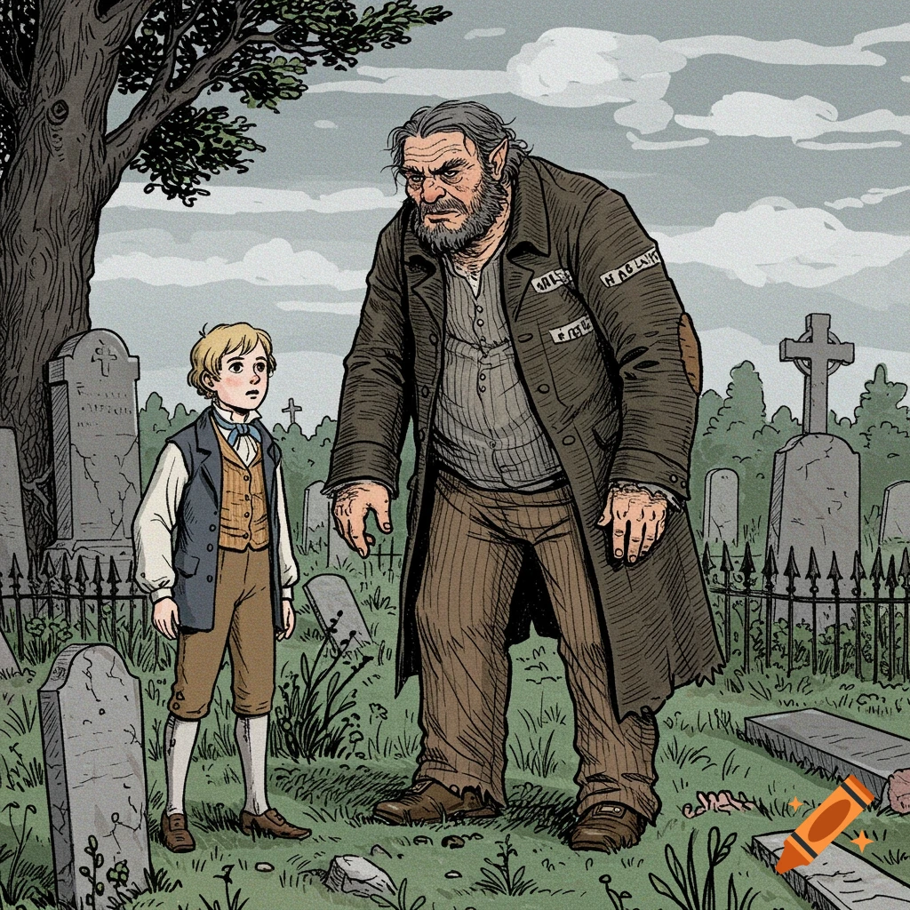 Illustration of a boy meeting a ragged man in a graveyard from Great Expectations.