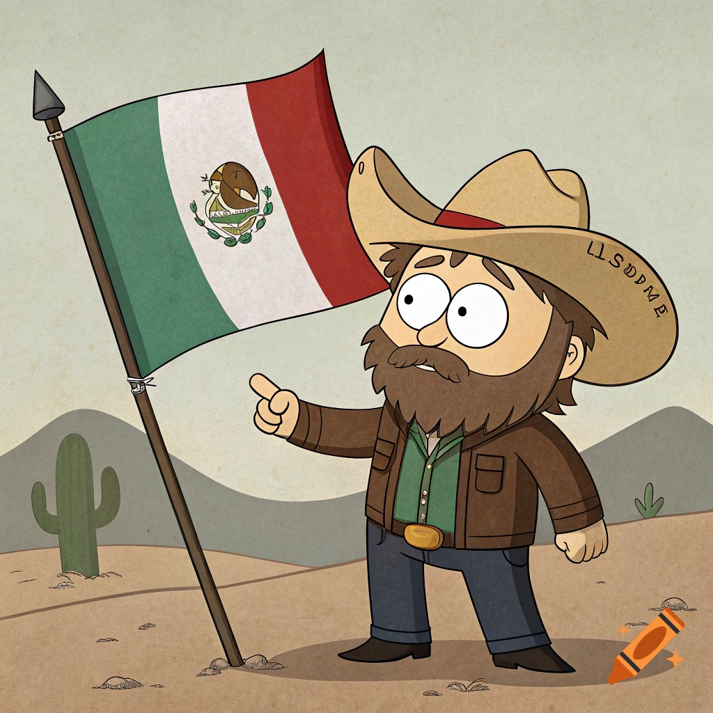 Cartoon character resembling South Park's Jimbo holds a Mexican flag in a desert.