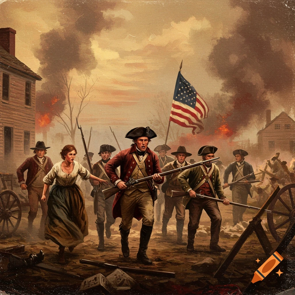 Patriots run forward with rifles and flag as buildings burn in a painted American Revolution scene.