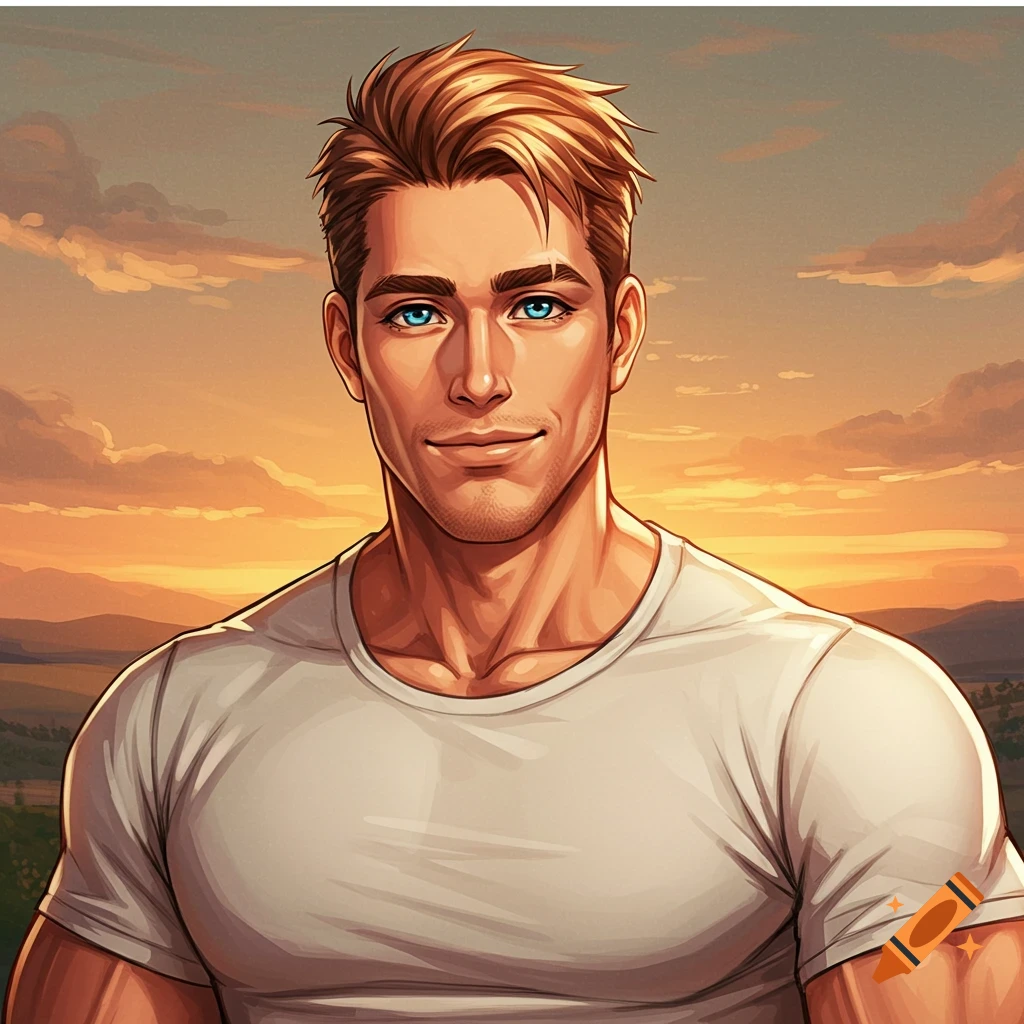 Anime-style portrait of a muscular man smiling against a sunset landscape.