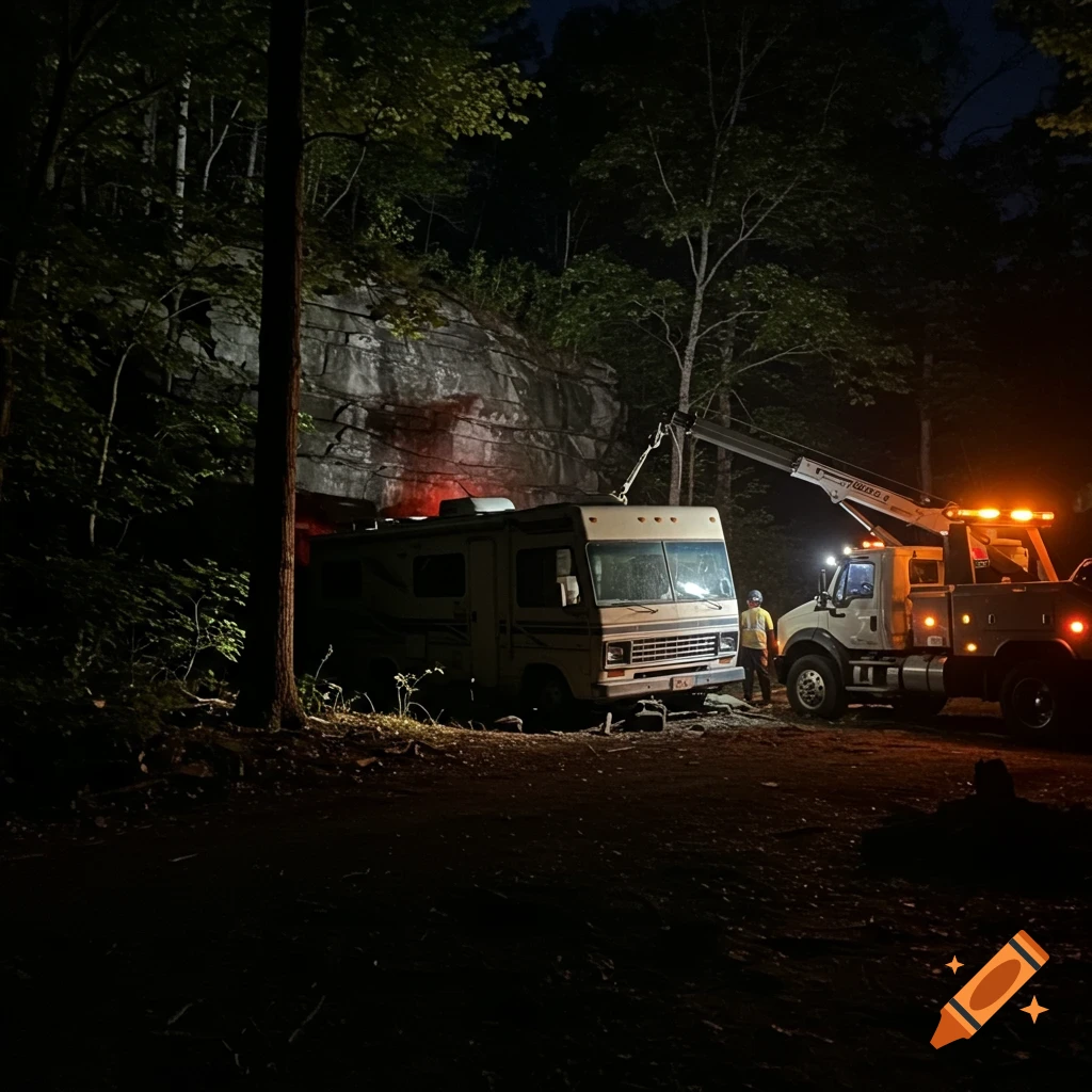 A tow truck is hooked up to a broken-down RV in the woods at night.