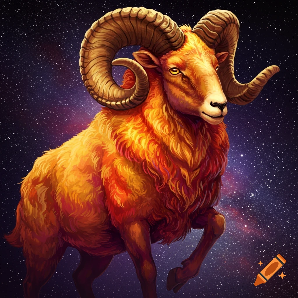 A ram with large horns stands against a starry space background, representing the zodiac sign Aries.