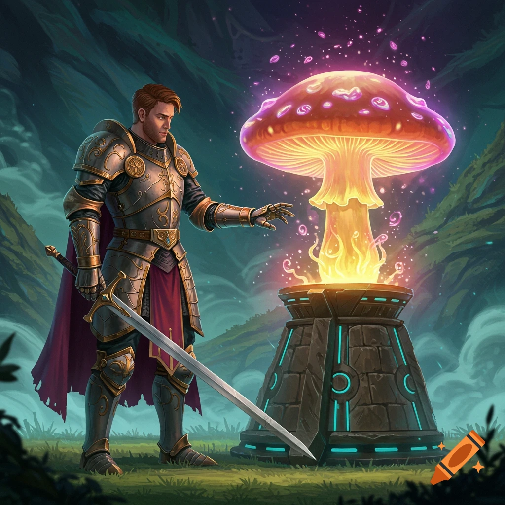 A knight in detailed armor stands beside a glowing fantasy mushroom on a stone podium in a mystical landscape.