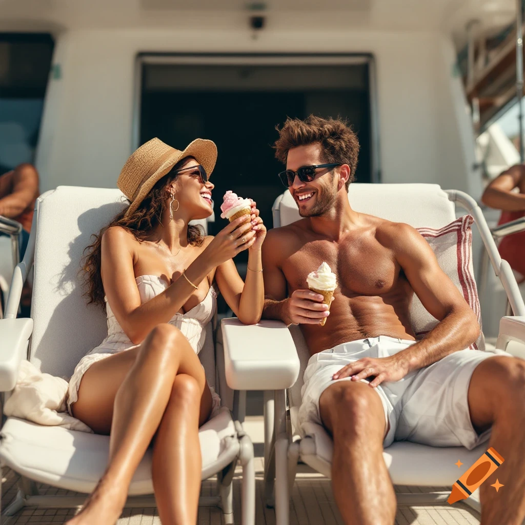 A couple relaxes on lounge chairs on a yacht, eating ice cream.