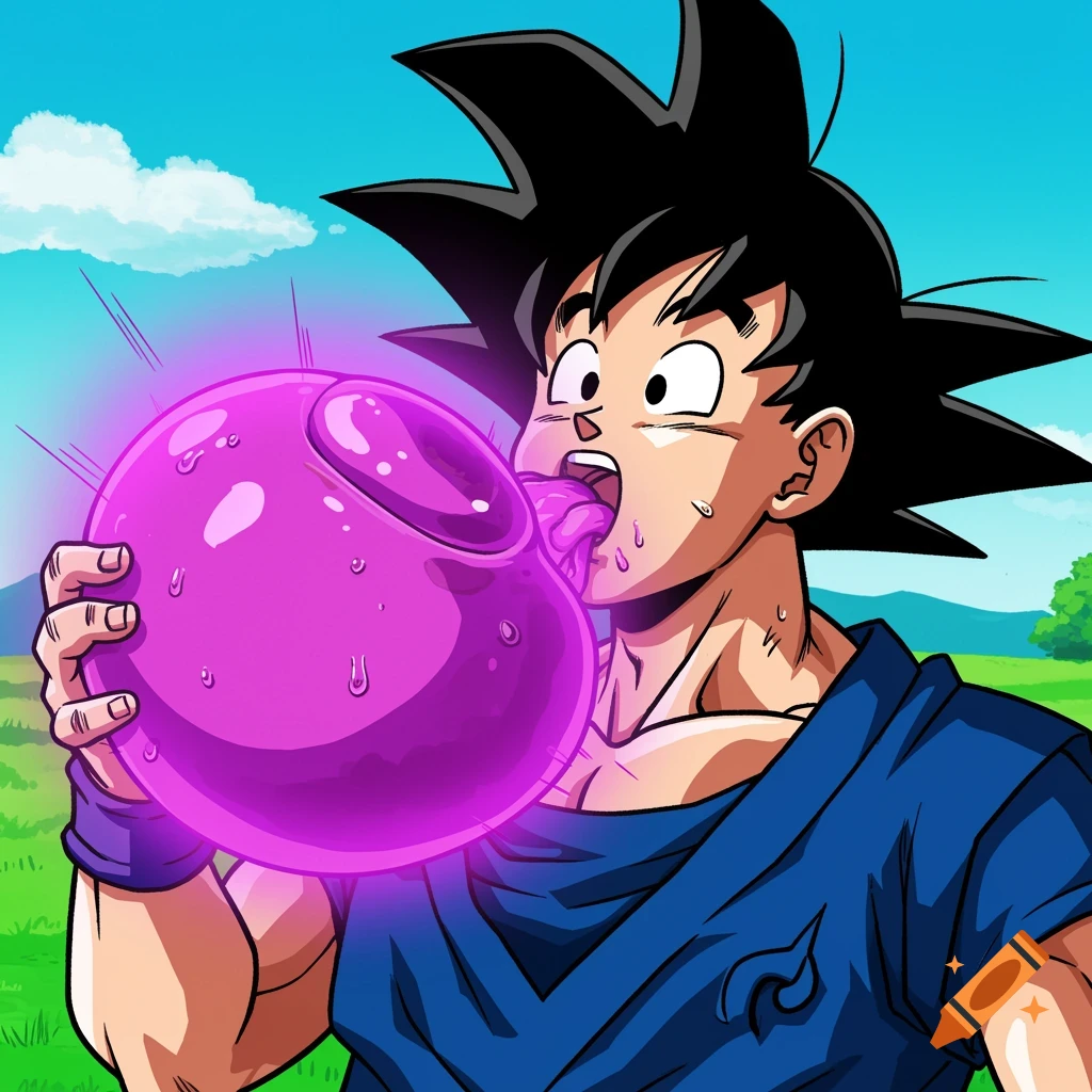 Goku licks a large glowing purple blob in an anime style.