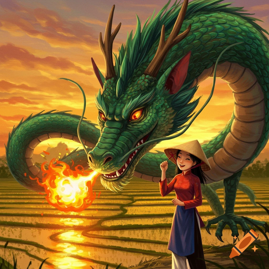 Illustration of a green dragon breathing fire over a field at sunset, with a woman in traditional clothing.