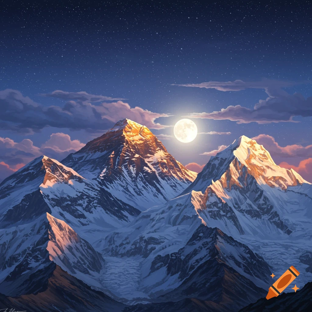 Snow-covered mountains under a full moon and starry night sky.