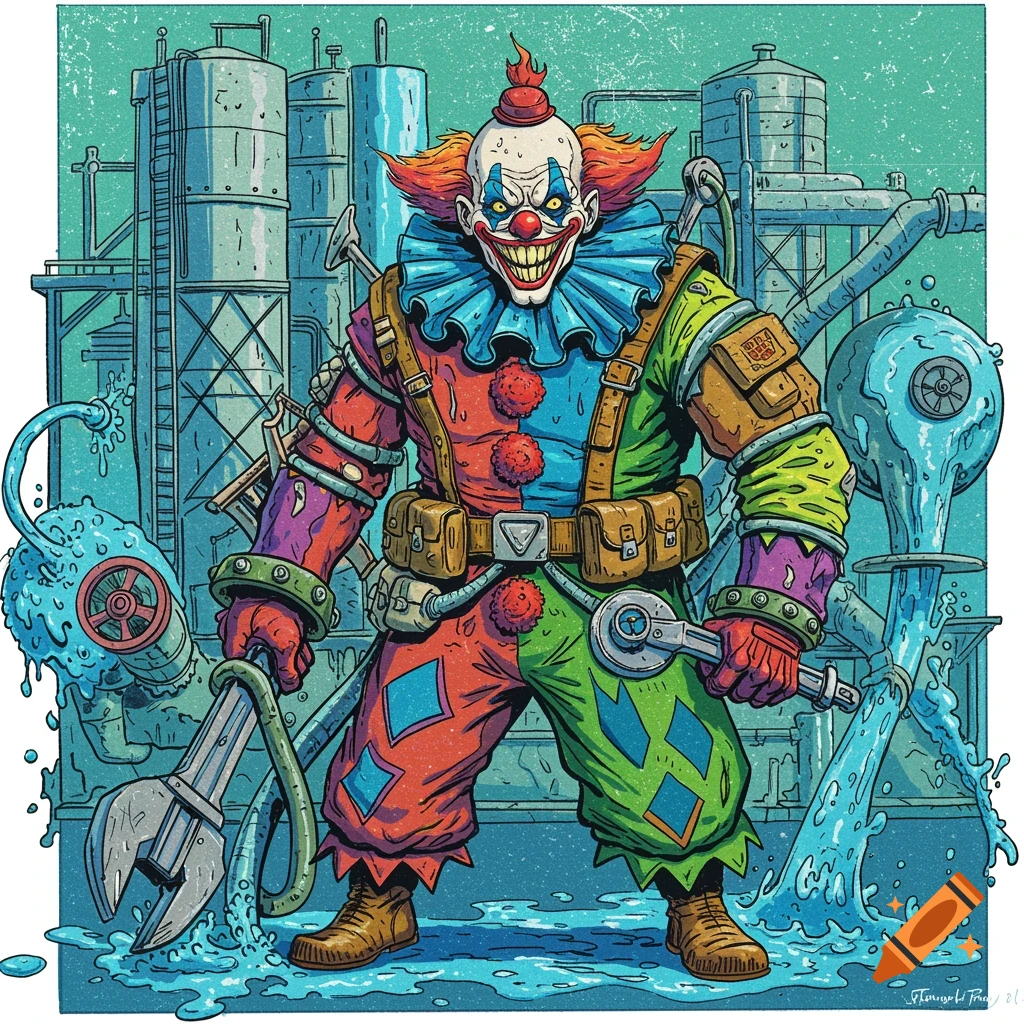 Illustrative drawing of a creepy supervillain clown holding a wrench in a factory setting.